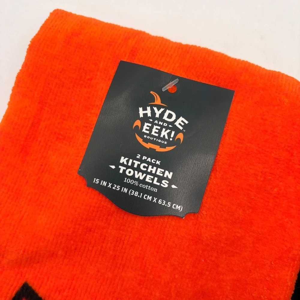 Hyde and Eek Halloween Kitchen‎ Towels Black Cat Jack-O-Lantern Orange Black